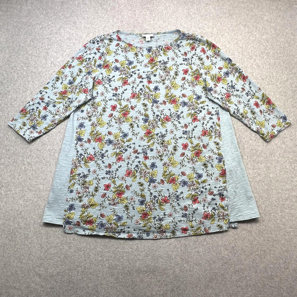 J Jill Shirt Women Large Blue Floral 3/4 Sleeve Round Neck Tunic Top Solid Panel